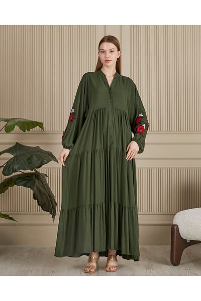 BeyzaBayram Khaki Green Embroidered Viscose Loose Long Dress - Half Placket Layered Sleeves, Plus Size