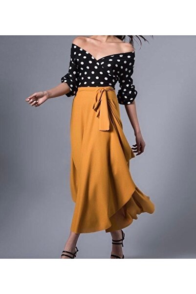 MİSLİNA BUTİK Bayan Hardal Rengi Krep Viskon Örme Trend Etek