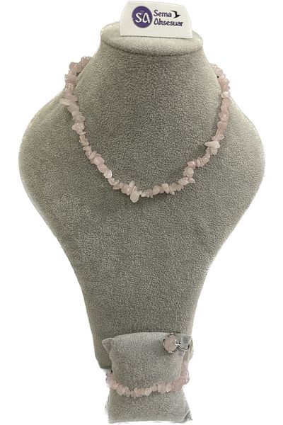 sema aksesuar Pink Quartz Necklace Bracelet Ring Set - Natural Steel Jewelry - Quartz Broken Natural Steel Jewelry Set - Set of 3