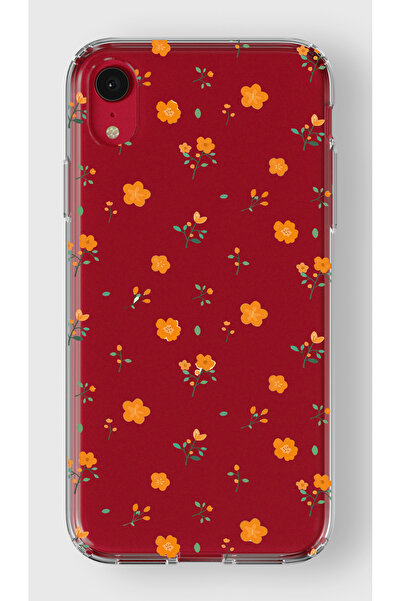 moonset Iphone XR Uyumlu Turuncu Çiçekler Tasarımlı Baskılı Şeffaf Telefon Kı...