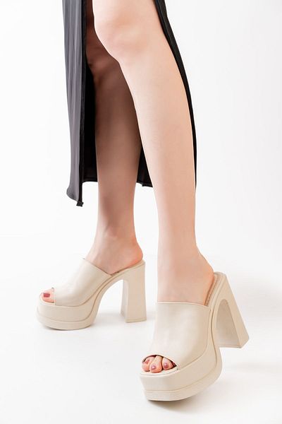 asmi shoes Women's Cream Skin Wide Band (12cm) Orthopedic Platform Slippers