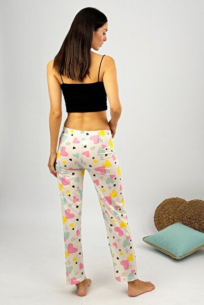 Betimoda Ecru Heart Patterned Women's Pajama Bottoms - 100% Cotton, Breathable and Elastic Waist