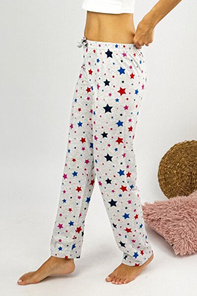 Betimoda Pantaloni de pijama pentru femei, 100% bumbac, cu model de stea gri - țesătură respirabilă și elastică în talie