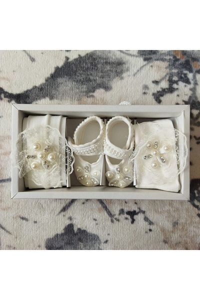 Caprice 100% Cotton Baby Girl Floral Shoes & Headband & Tights Set of 3