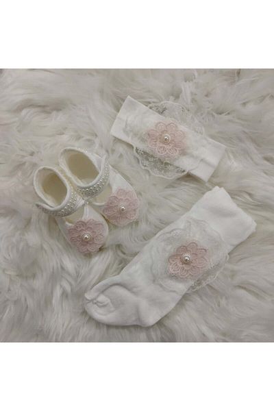 Caprice 100% Cotton Baby Girl Floral Shoes & Headband & Tights Set of 3