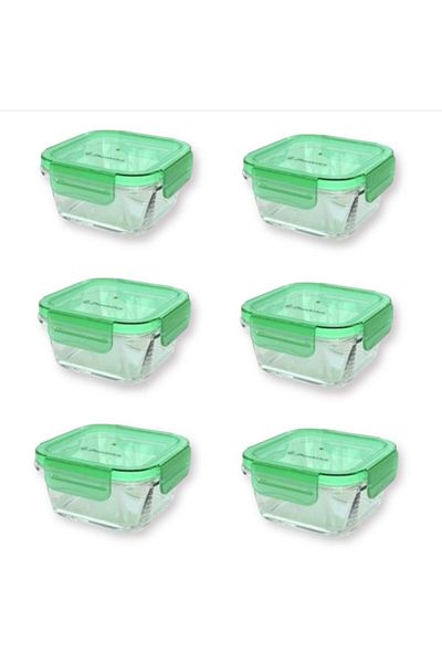 Paşabahçe Glass Breakfast Lockable Green Storage Container with Lid - 6 Pieces Green