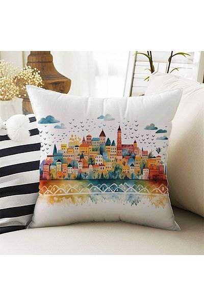 Else Dekor Set de 4 huse de pernă cu model de oraș colorat, imprimate digital, cadou