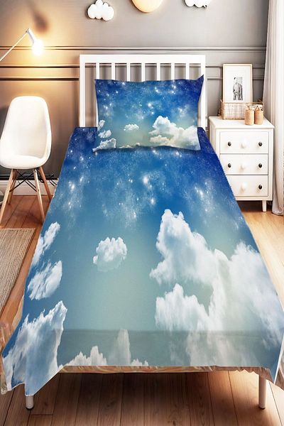 Else Dekor Single White Blue Clouds Patterned Digital Printed Bedspread and Pillowcase