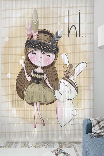 Else Dekor Girl Patterned Rabbit Decorative Children's Baby Room - Single Wing Tulle Curtain