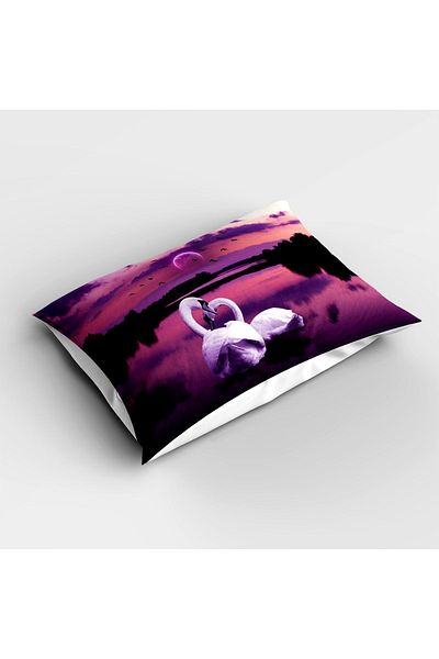 Else Dekor Purple and White Swans Patterned - Digital Printed Single Children's Bedspread and Pillowcase