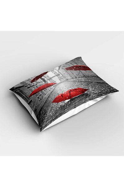 Else Dekor Gray Red Single Umbrella Patterned Digital Printed Bedspread and Pillowcase