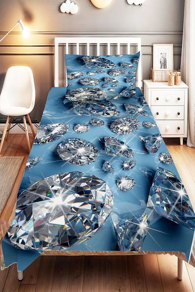 Else Dekor Blue and White Diamond Pattern - Digital Printed Single Children's Bed Set