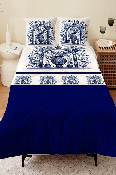 Else Halı Vintage Patterned Blue and White Vase - Single and Children's Microfiber Quilted Quilt Pillowcase