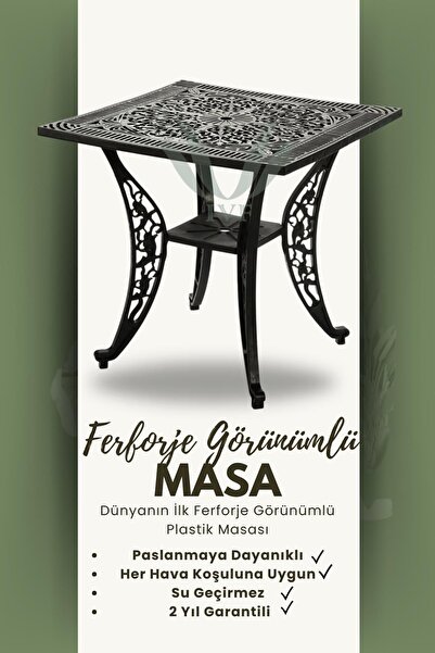 Ceritti Ferforje Görünümlü Kare Masa, Bahçe, Balkon ve Dış Mekanda Kullanılab...