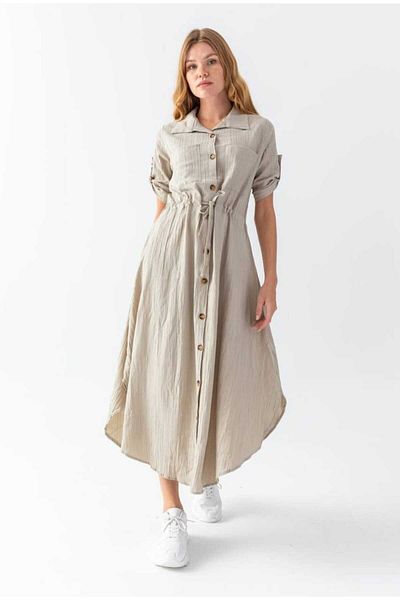 OlaLady Women's Double Pocket Gathered Waist Buttoned Front Mayan Linen Shirt Dress
