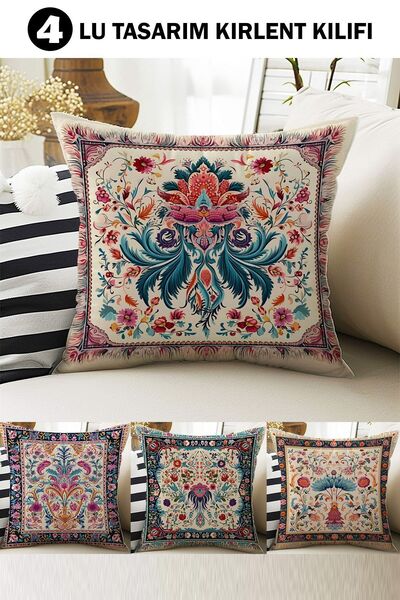 Else Halı 4 lü Set Kırlent Kılıfı Otantik Etnik Desenli Dijital Baskılı Hediy...