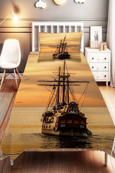 Else Dekor Ship Patterned Single Children's Bedspread and Pillowcase - Digital Printed