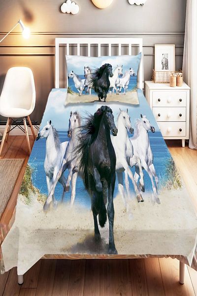 Else Dekor Patterned Digital Printed Single and Children's Bedspread and Pillowcase - Horses Running on the Sand
