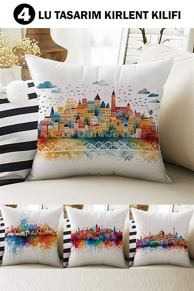 Else Dekor Set de 4 huse de pernă cu model de oraș colorat, imprimate digital, cadou