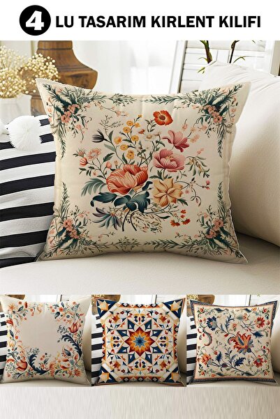 Else Halı 4 lü Set Kırlent Kılıfı Vintage Retro Desenli Dijital Baskılı