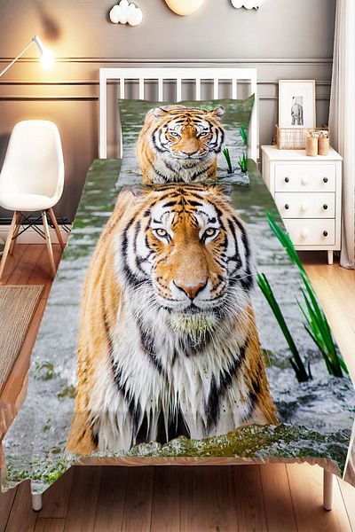 Else Dekor Nehir Tiger Pattern - Digital Printed Single Children's Bedspread and Pillowcase