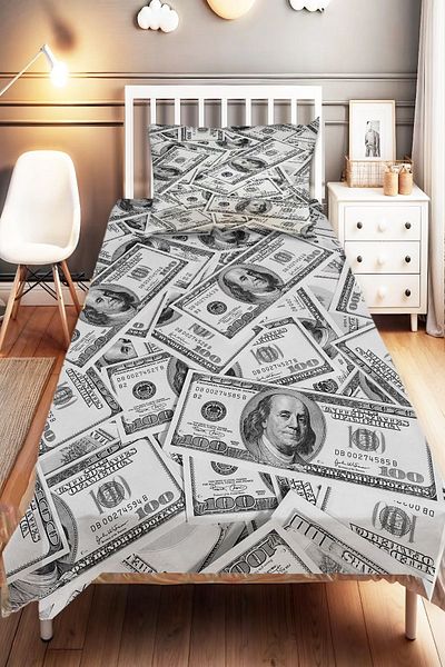 Else Dekor Digital Printed Money Dollar Patterned Single Children's Bedspread and Pillowcase