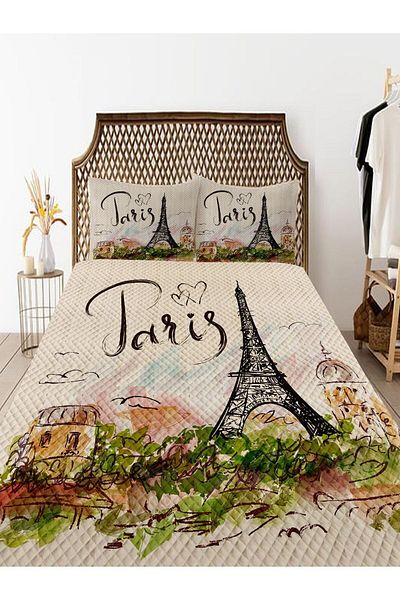 Else Dekor Paris Eiffel Tower Pattern Printed - Σετ Πικέ με Διπλά Μαξιλάρια