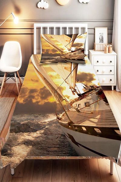 Else Dekor Sea Yacht Patterned - Digital Printed Single Children's Bedspread and Pillowcase