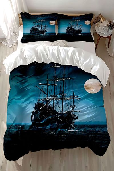 Else Dekor Sea Ship Pattern Printed - Set de husă de pilota dublă din satin de bumbac