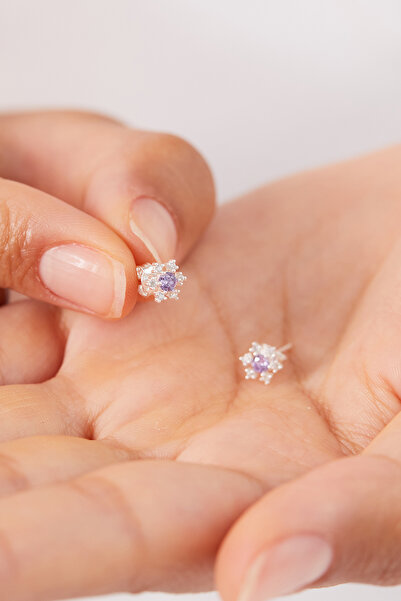 Elika Silver 925 Ayar Gümüş Lila Minimal Kar Tanesi Küpe