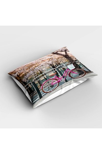 Else Dekor Pink Single Digital Printed Bedspread and Pillowcase - Bicycle Pattern