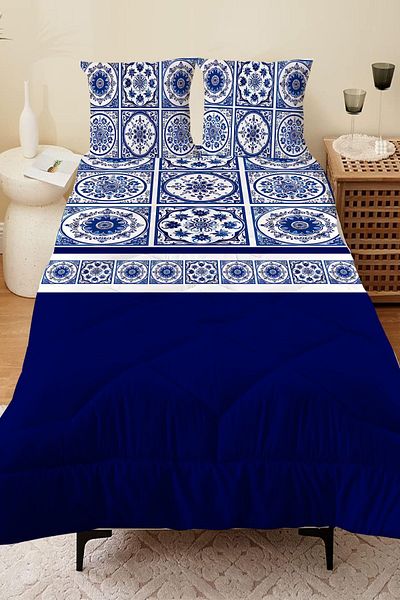 Else Dekor Double Blue and White Tile Patterned Quilted Yogan and Pillow Set