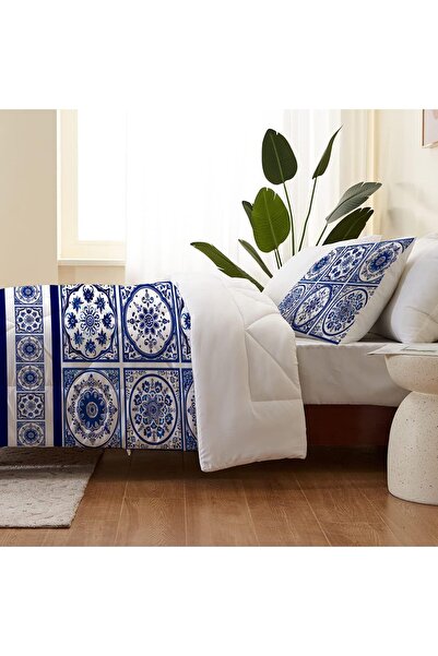 Else Dekor Двомісний комплект подушок і ковдри з синьо-білим візерунком з кахлів