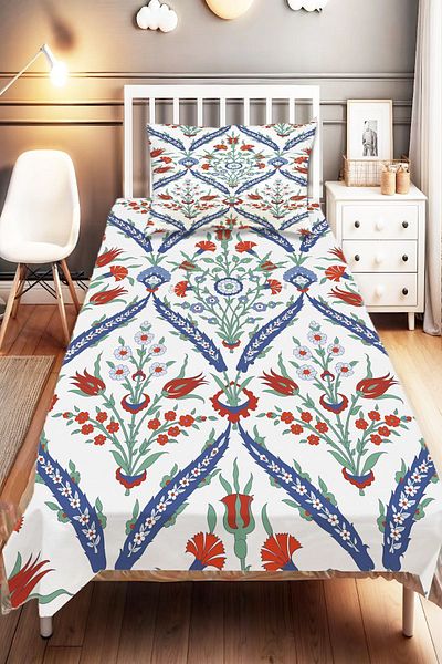 Else Dekor Tulip Patterned Ottoman Digital Printed Single Children's Bedspread and Pillowcase