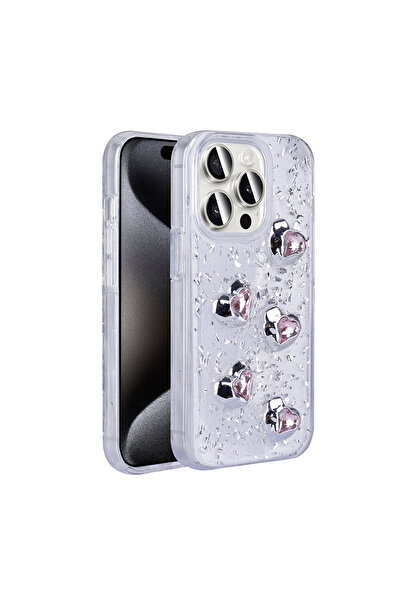 HTstore iPhone Compatible 15 Pro Case Airbag Silvery Back Surface Zore Sparkle Silicone Cover-White-Heart
