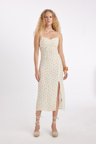 DeFacto Midikleid mit Blumenmuster und Herzkragen - Trägerkleid, Maroken C0960ax24sm