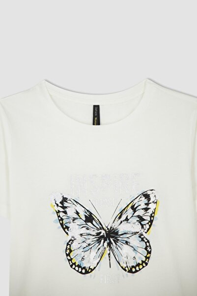 DeFacto Tričko Regular Fit s motýlkovým výstřihem s krátkým rukávem, 100% bavlna