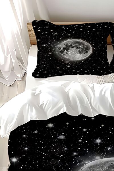 Else Dekor Комплект двоен плик за завивка - Черно-сив модел луна-галактика, памучен сатен
