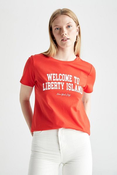 DeFacto Regular Fit Crew Neck Slogan Printed Short Sleeve 100% Cotton T-Shirt W9824az22sm
