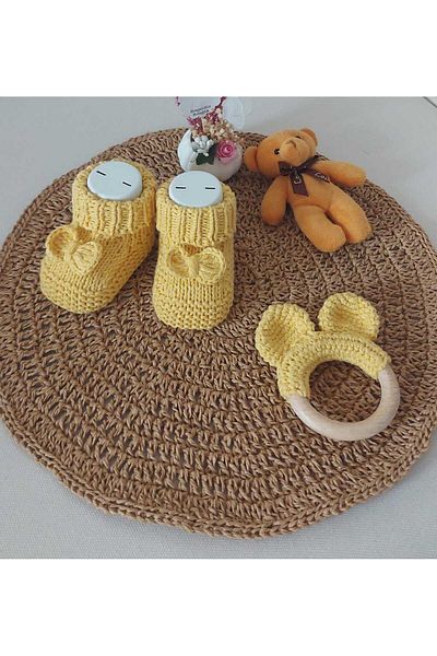 BEGİN 0-6 Months Baby Hand Knitted - Lemon Yellow Newborn Gift, Acrylic Wool Teether Booties with Bow