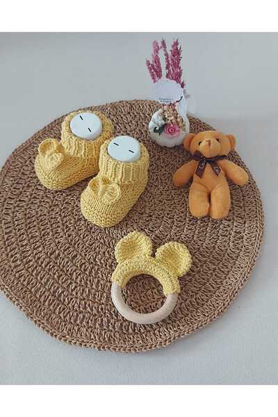 BEGİN 0-6 Months Baby Hand Knitted - Lemon Yellow Newborn Gift, Acrylic Wool Teether Booties with Bow