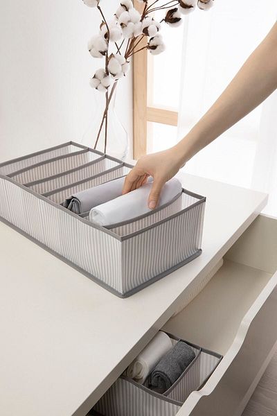 Ocean Home Textile 3 Pieces 7 Compartments Gray Striped Cabinet Drawer Inside Accordion Type Folding Laundry Organizer