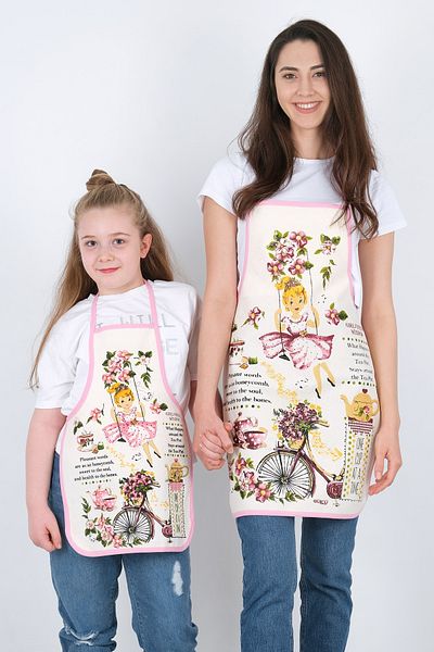 GÜLCÜ Liquid Proof Waterproof Kitchen Bib Set with Mother and Daughter - Girl on a Bicycle