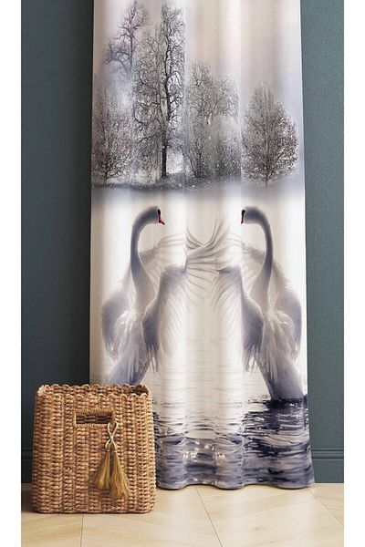 3D ELSE HALI Digital Printed White Swans Patterned Bedroom - Living Room Kitchen Background Curtain