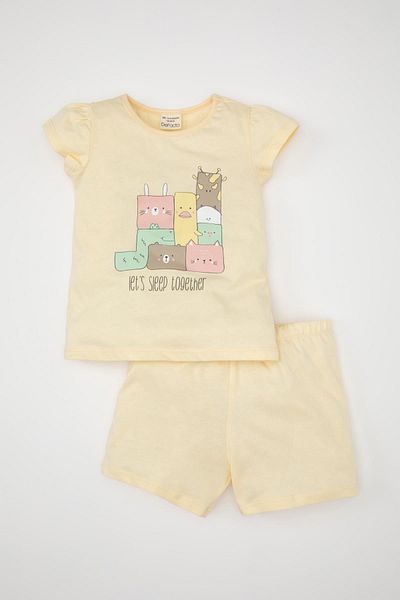 DeFacto Crew Neck Printed Baby Girl Pajamas Set - Short Sleeve Top Shorts C5069A524Hs