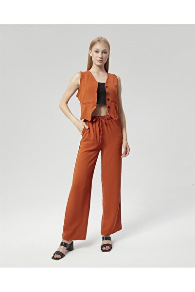 Nuseel Set dublu pentru femei din țesătură de in - cu vestă și culoare cărămidă