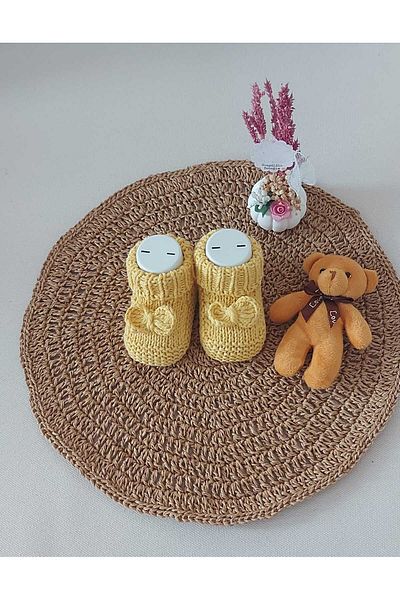 BEGİN Lemon Yellow Newborn Gift Hand Knitted and Slippers Booties for 0-6 Months Baby - Birth Moment with Bow Detail