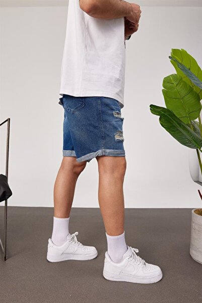 NOMARC Men's Ripped Chain Blue Denim Shorts