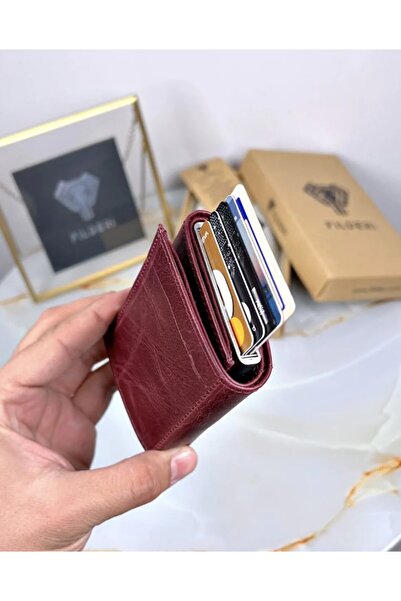 Fil Deri Mechanized Women's Wallet Genuine Leather Automatic Card Holder Claret Red Color 2001