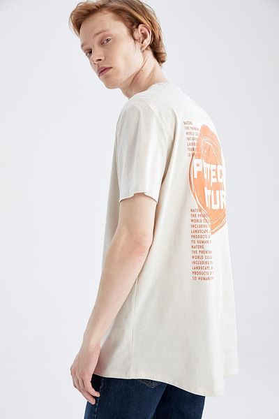 DeFacto Long Fit Crew Neck Back Printed Short Sleeve 100% Cotton T-Shirt
